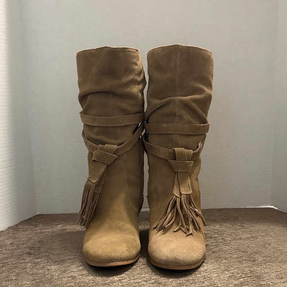 Tahari Brown Suede Fringe Heeled Boots